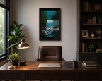 original oil painting of bright waterfalls and mist contrast with dark woods and rushing river, framed, behind offoce desk