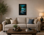 original oil painting of bright waterfalls and mist contrasting with dark woods and rushing river, framed, over sofa