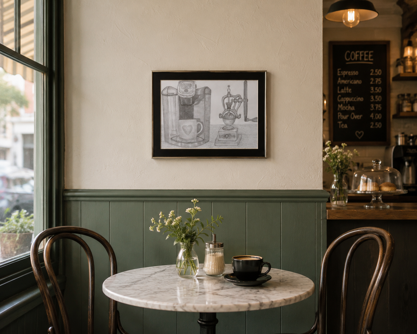graphite drawing of a modern Keurig coffe machine next to an old fashioned coffee grinder, displayed over cafe table