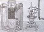 10x12" original graphite drawing of a modern Keurig coffe machine next to an old fashioned coffee grinder, showing a close-up
