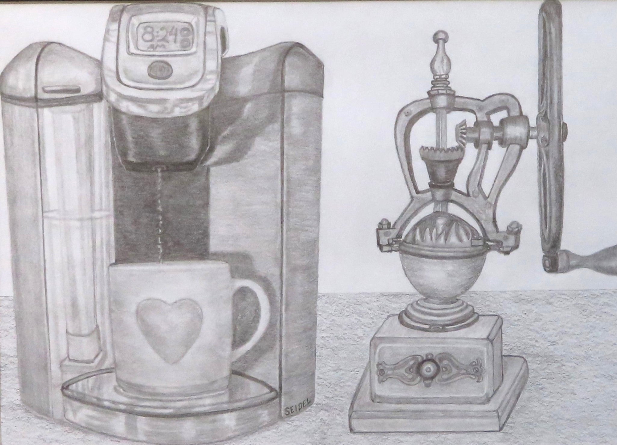 10x12" original graphite drawing of a modern Keurig coffe machine next to an old fashioned coffee grinder, showing a close-up
