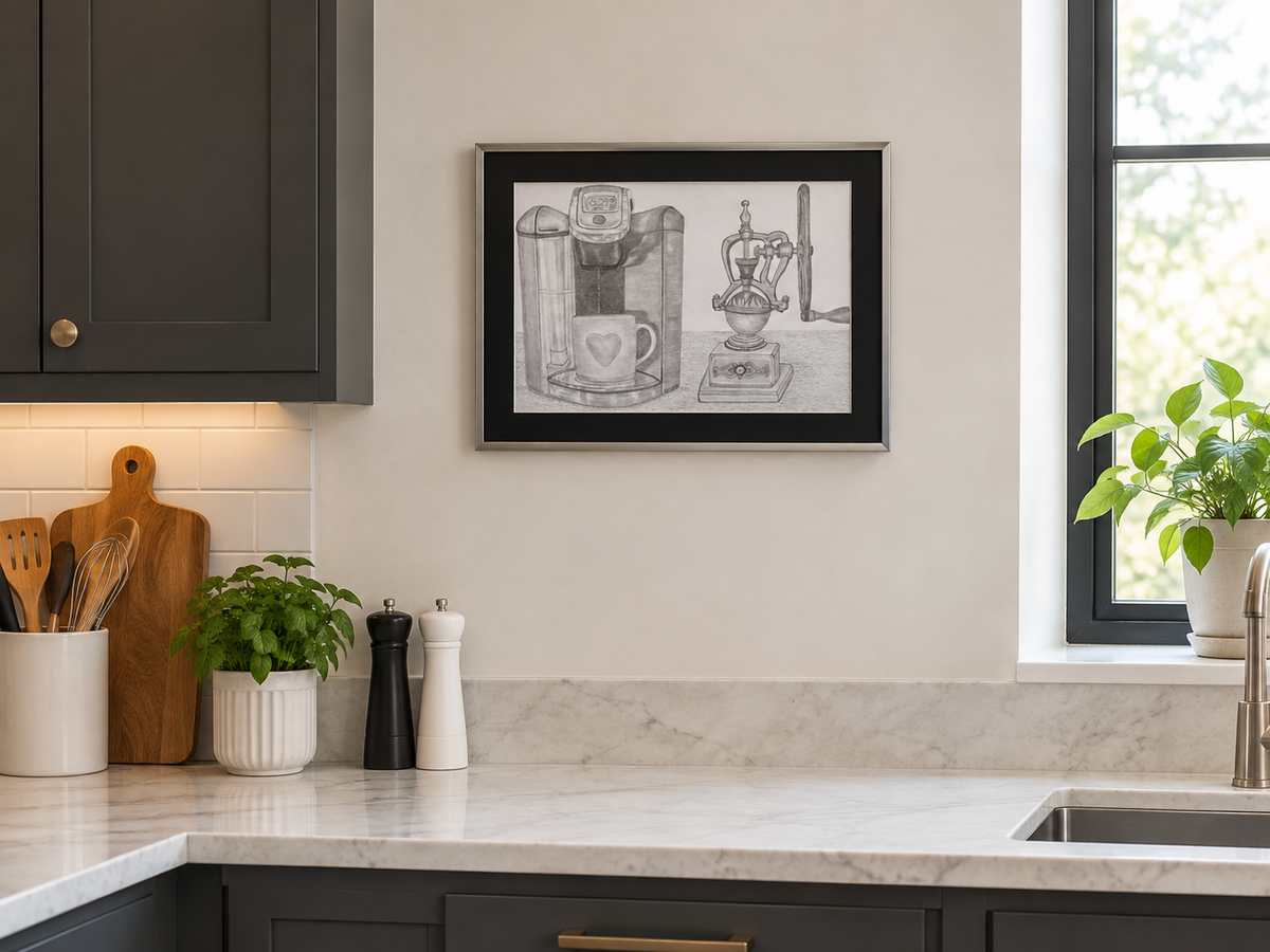 10x12" original graphite drawing of a modern Keurig coffee machine next to an old fashioned coffee grinder, shown in a modern kitchen