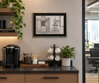 10x12" original graphite drawing of a modern Keurig coffee machine next to an old fashioned coffee grinder, shown in a modern office coffee nook