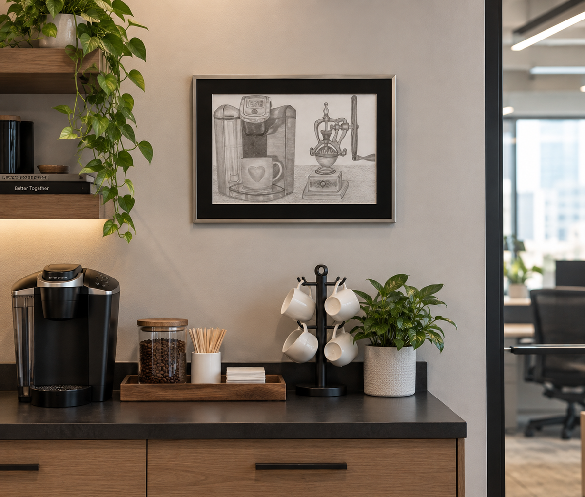 10x12" original graphite drawing of a modern Keurig coffee machine next to an old fashioned coffee grinder, shown in a modern office coffee nook