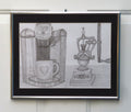 original graphite drawing, keurig, coffee grinder, framed