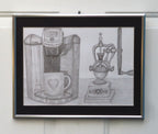 original graphite drawing, keurig, coffee grinder, framed