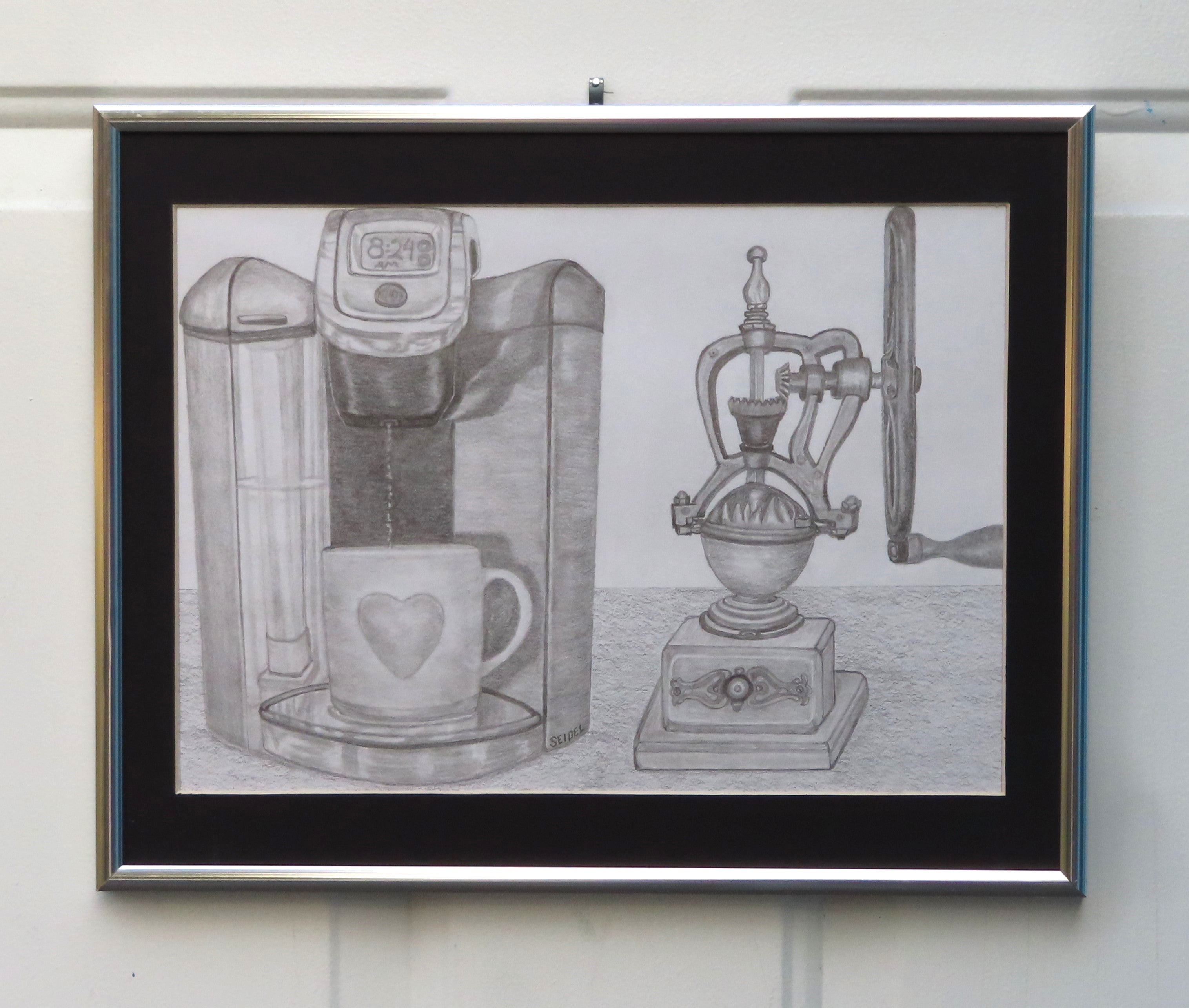 original graphite drawing, keurig, coffee grinder, framed