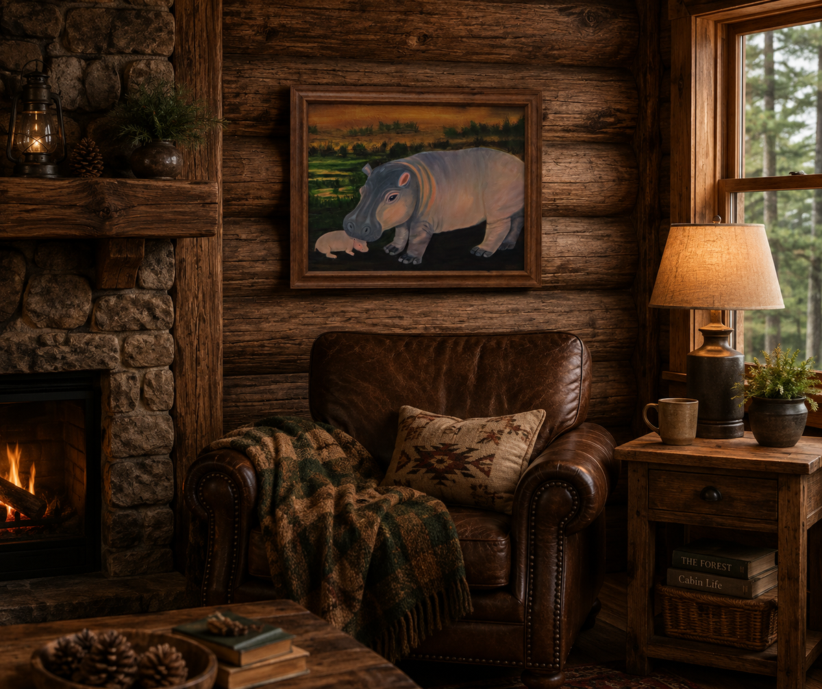 16x20 original oil painting of a momma hippo and calf in a swampy background, pictured in cabin
