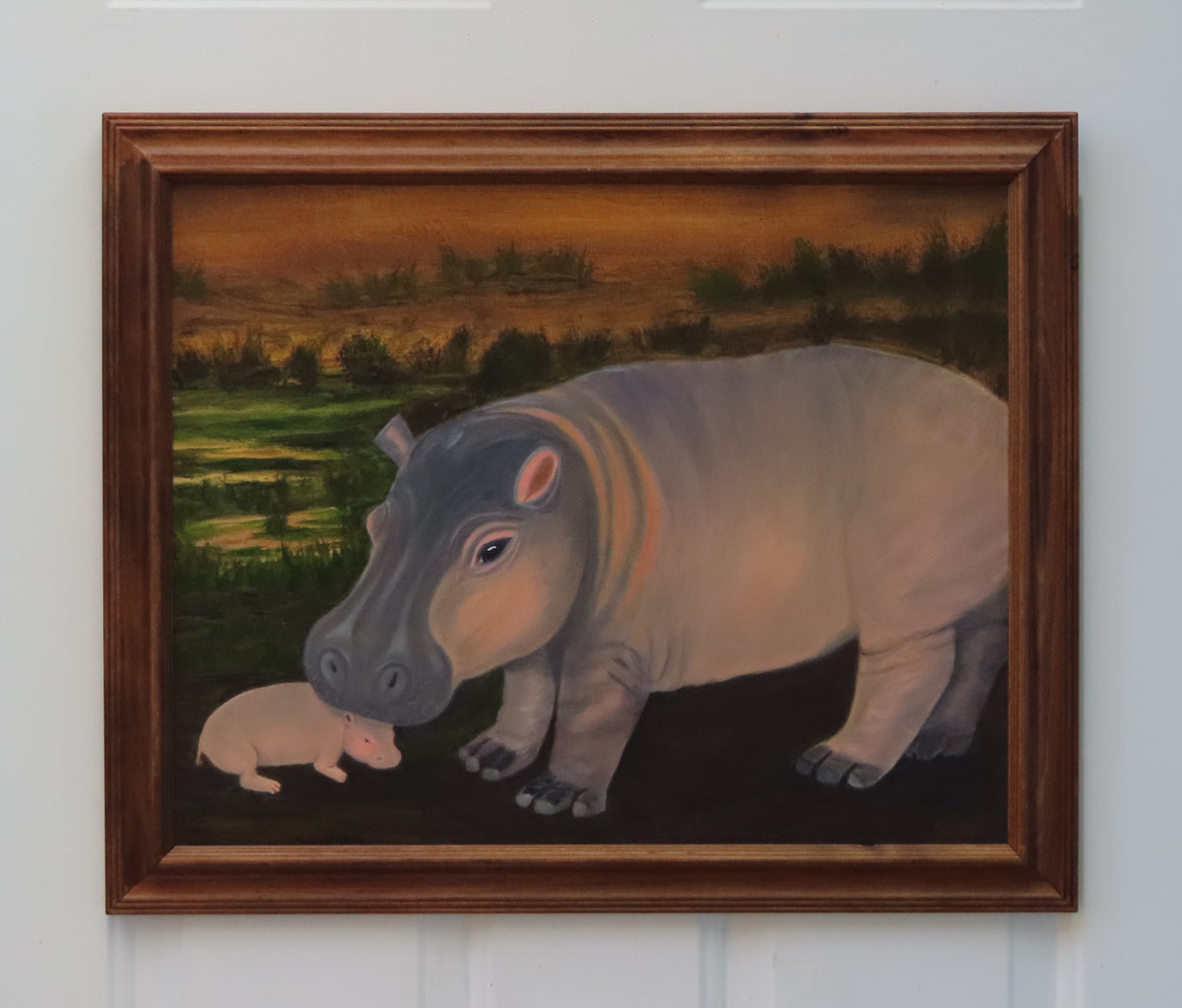 16x20 original oil painting of a momma hippo and calf in a swampy background, framed