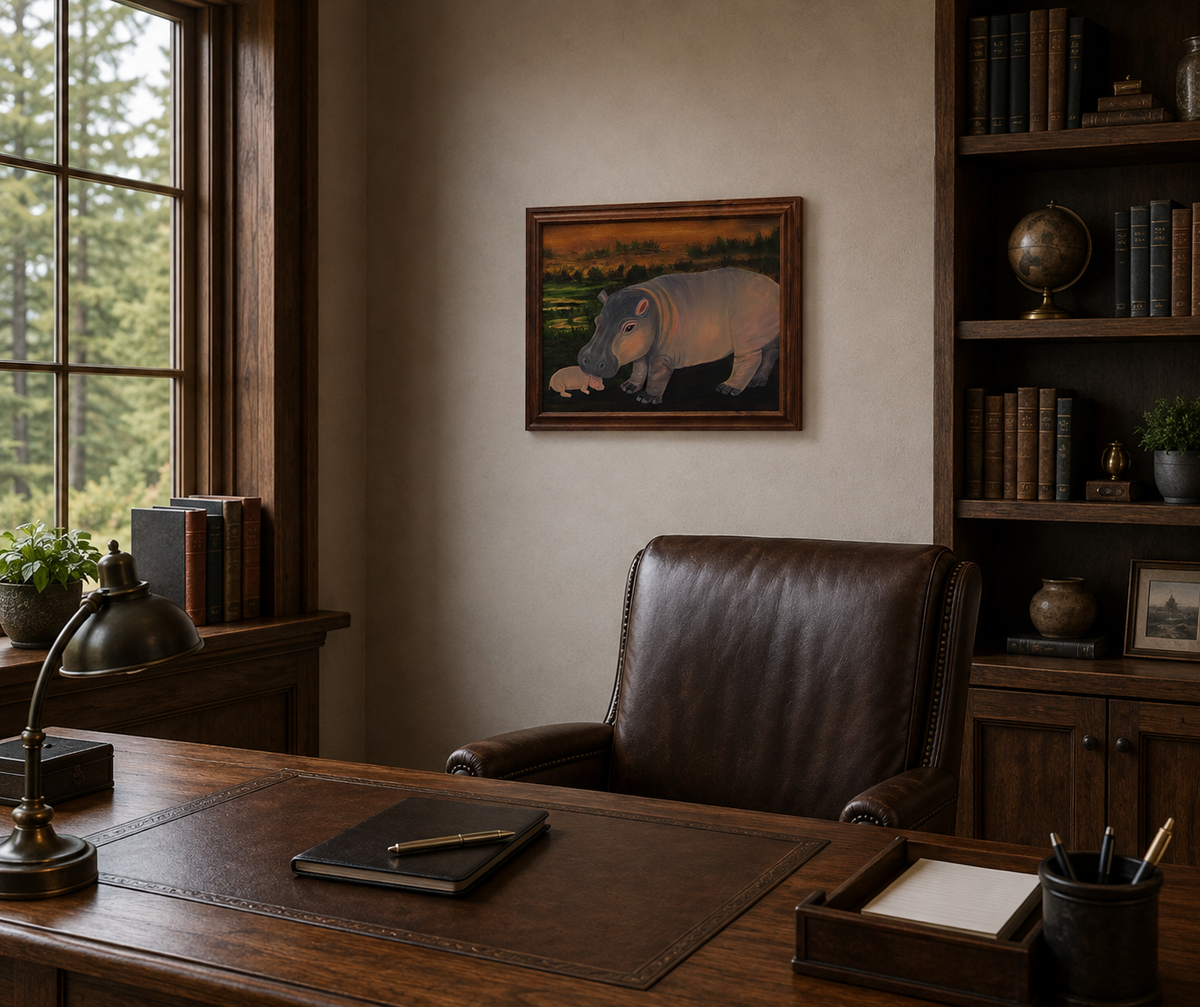 16x20 original oil painting of a momma hippo and calf in a swampy background, pictured in office