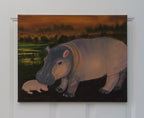 16x20 original oil painting of a momma hippo and newborn  calf in a swampy background, unframed