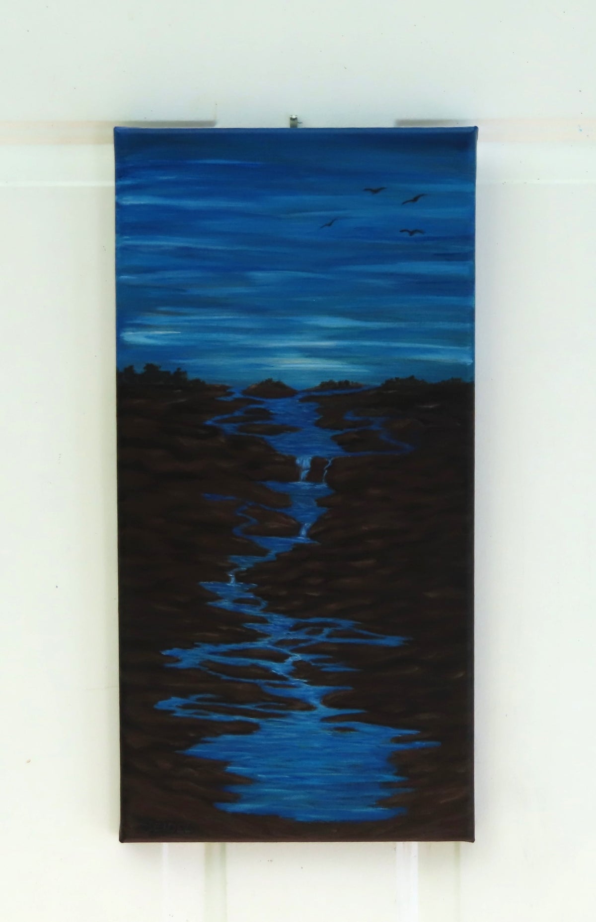 10x20" original acrylic painting, moody skies, moving water through switchbacks, unframed