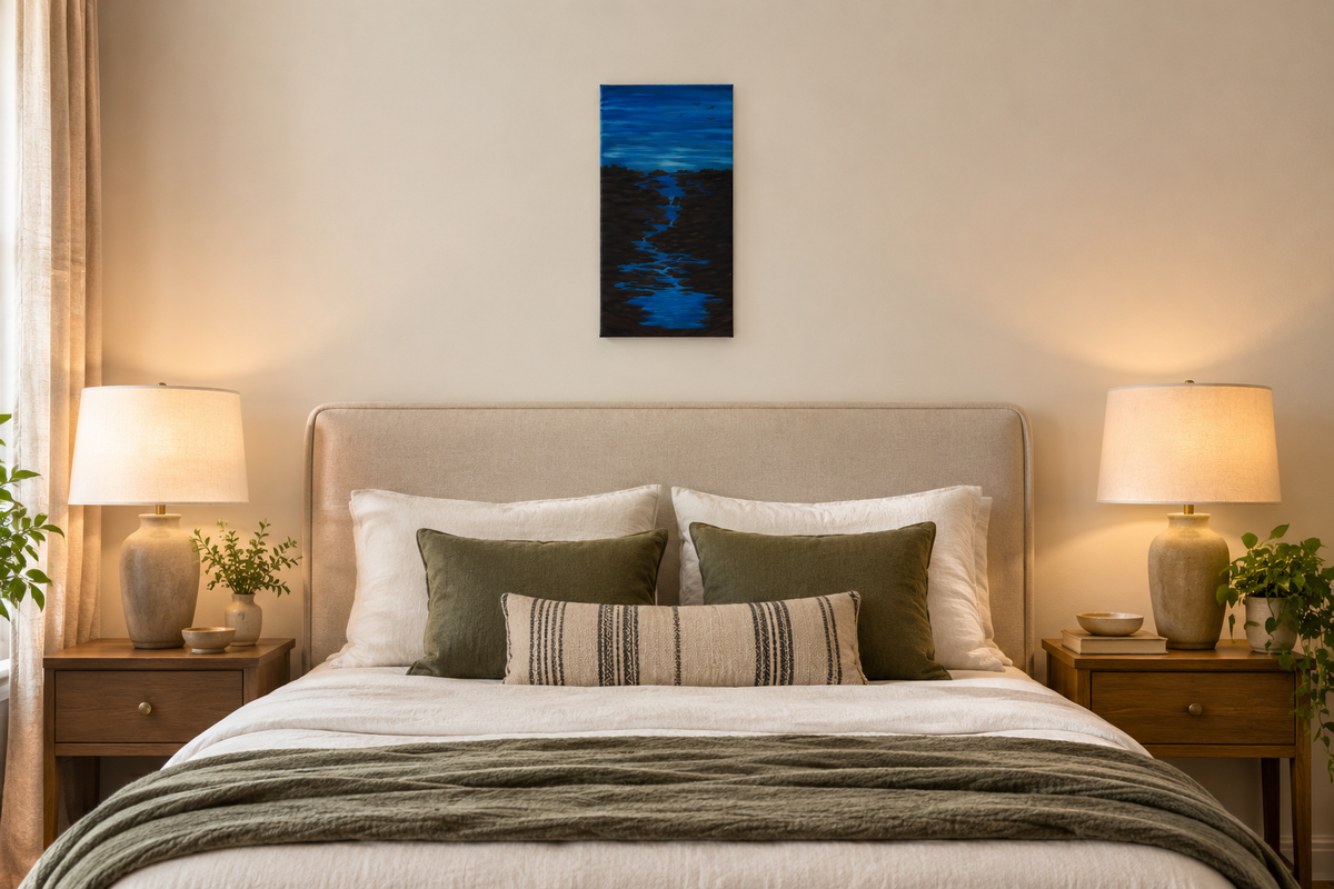 10x20" original acrylic painting, moody skies, moving water through switchbacks, shown over bed