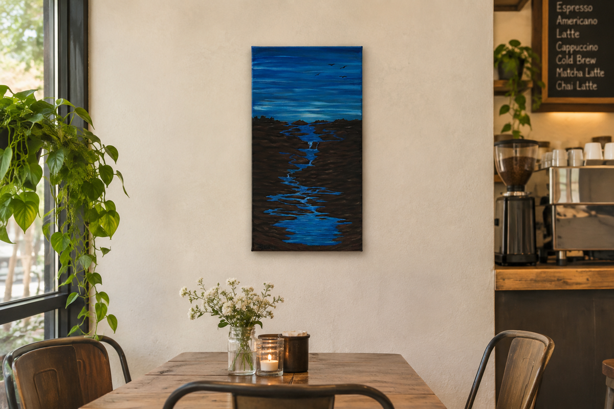 10x20" original acrylic painting of moody skies and moving streams and pools of water through switchbacks