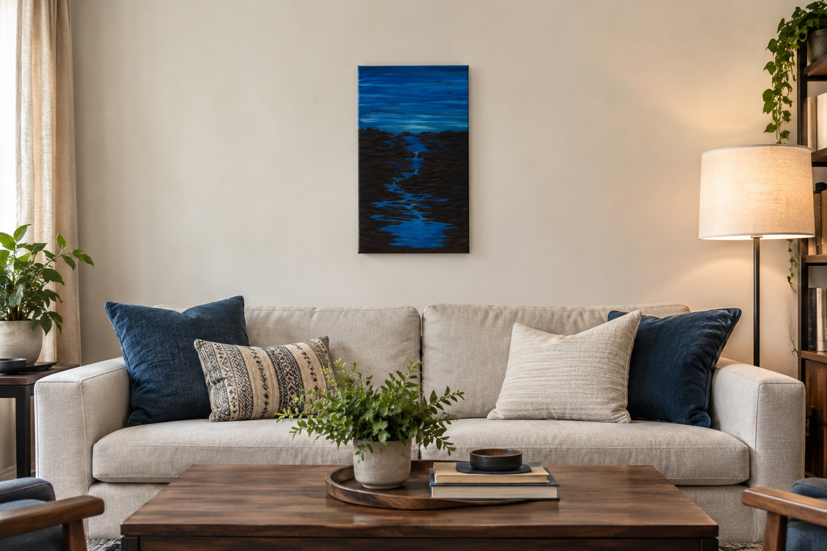 10x20" original acrylic painting, moody skies, moving water through switchbacks, shown over sofa