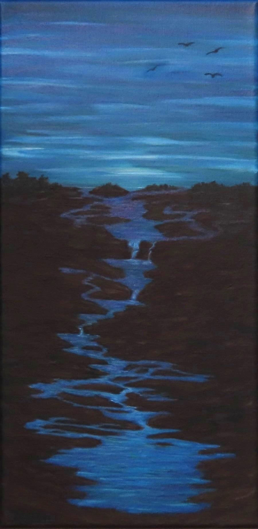 10x20" original acrylic painting, moody skies, moving water through switchbacks, unframed