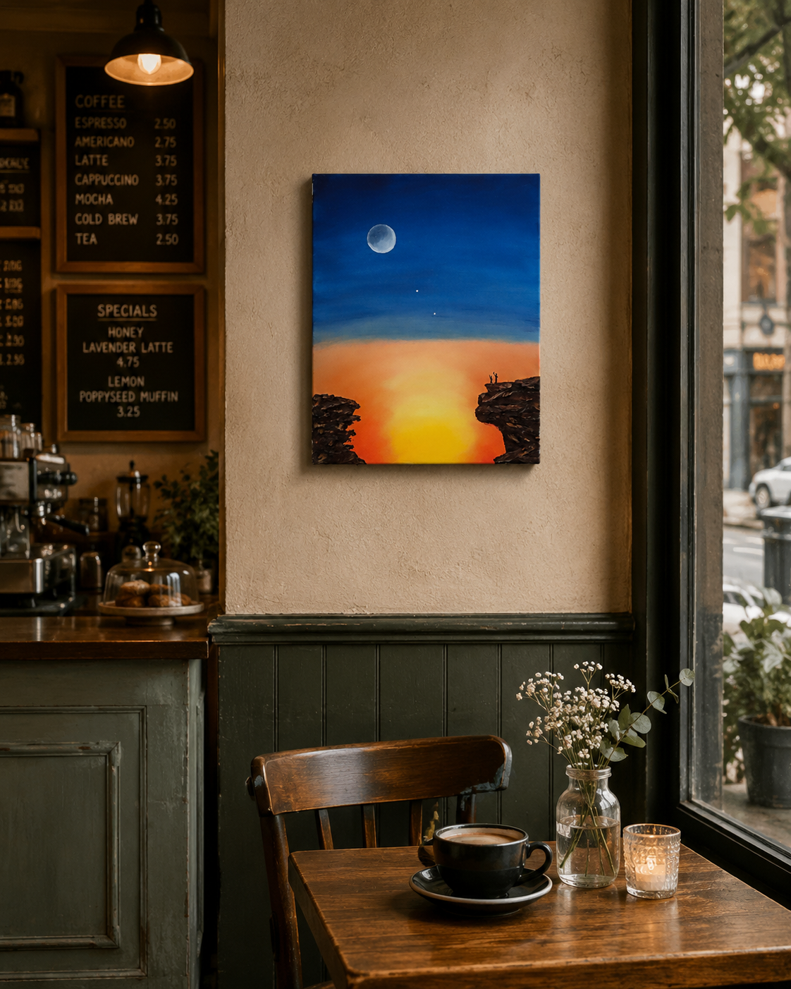 original oil painting on 11x14" canvas with lovely colors of dusk and rising moon, two observers on cliffs in foreground , pictured in a cafe
