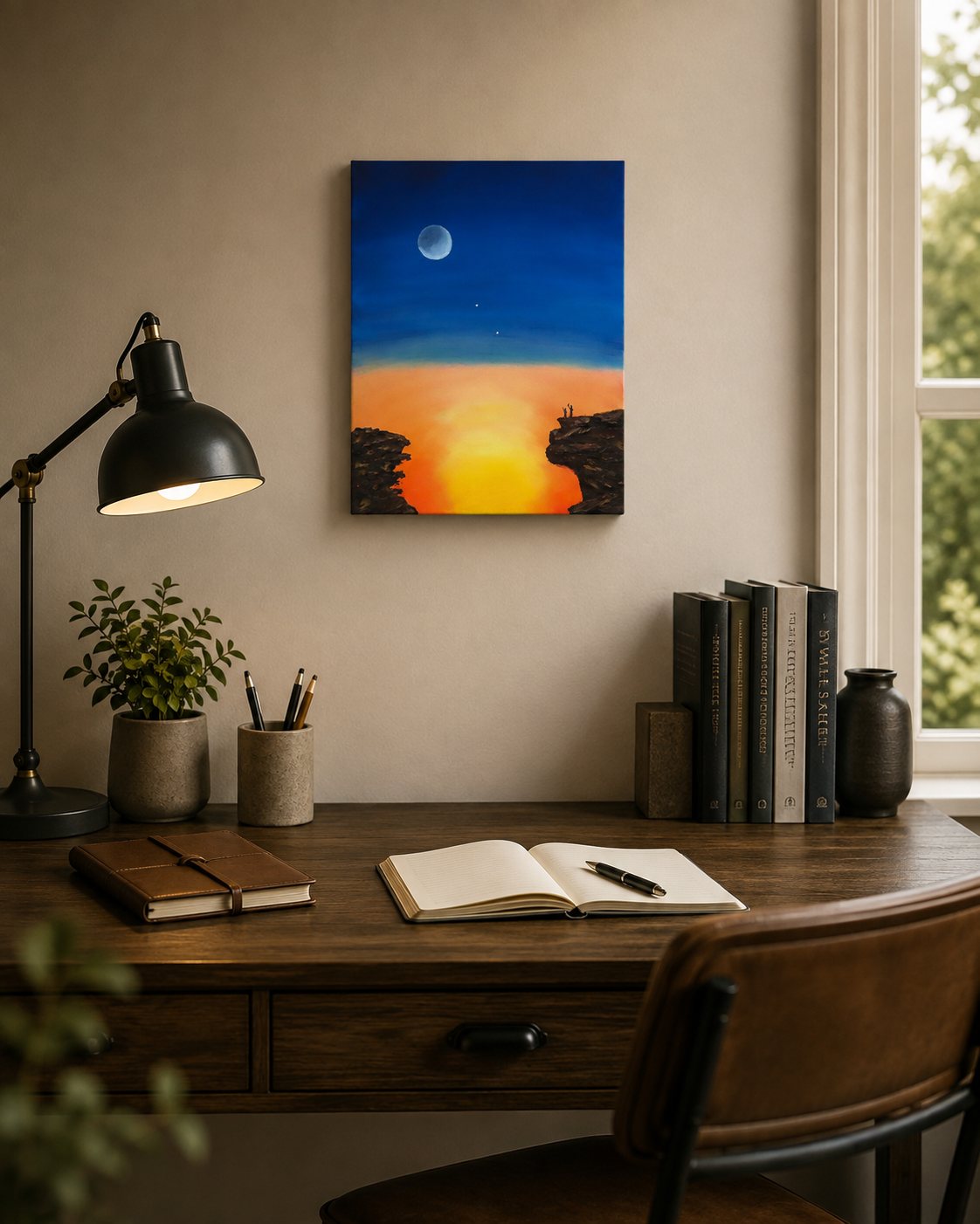 original oil painting on 11x14" canvas with lovely colors of dusk and rising moon, two observers on cliffs in foreground, pictured over desk