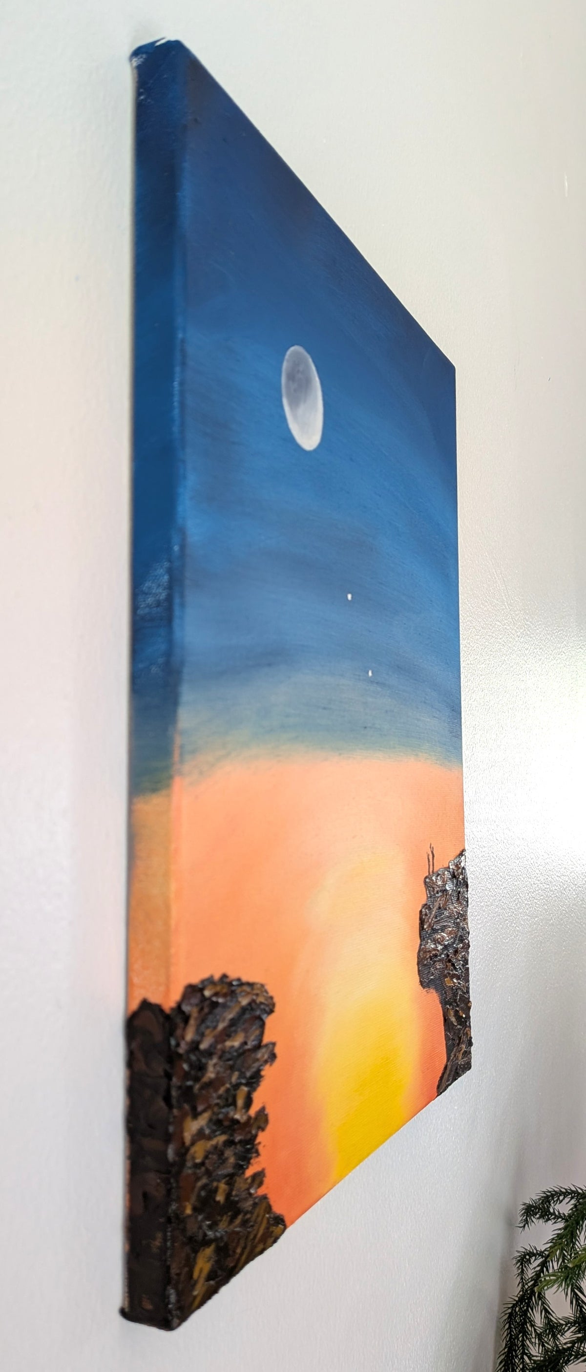 original oil painting on 11x14" canvas with lovely colors of dusk and rising moon, two observers on cliffs in foreground, showin left side of painting