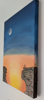 original oil painting on 11x14" canvas with lovely colors of dusk and rising moon, two observers on cliffs in foreground, showing right side of painting