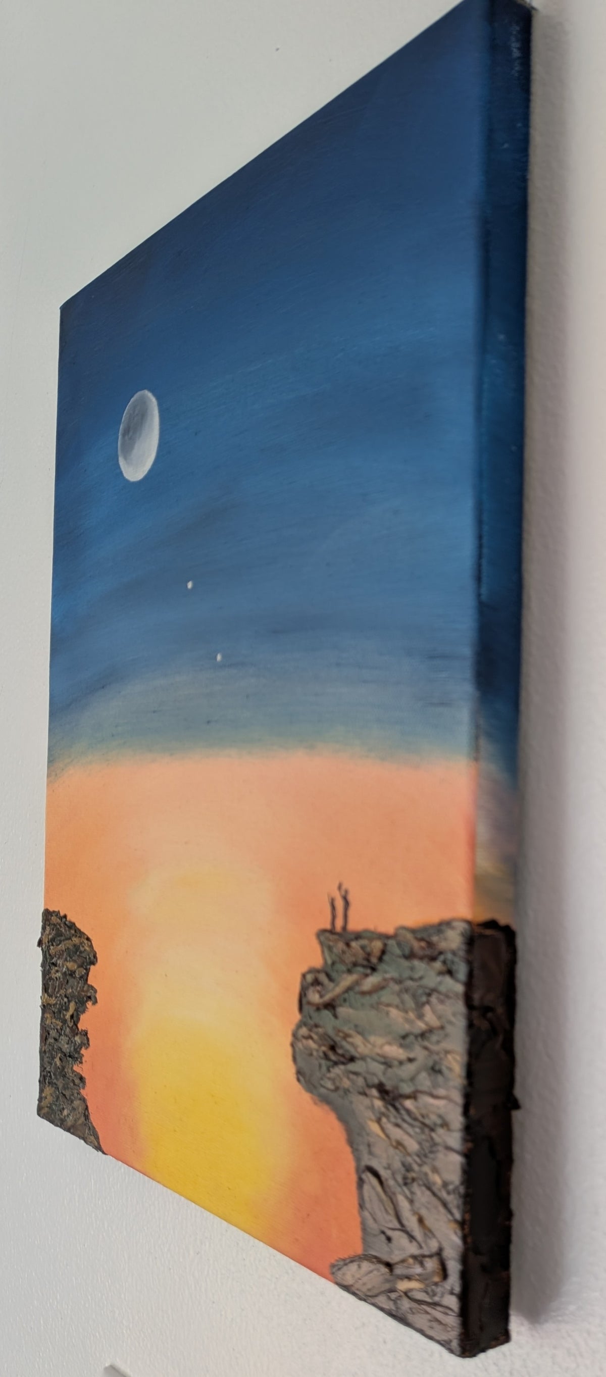 original oil painting on 11x14" canvas with lovely colors of dusk and rising moon, two observers on cliffs in foreground, showing right side of painting