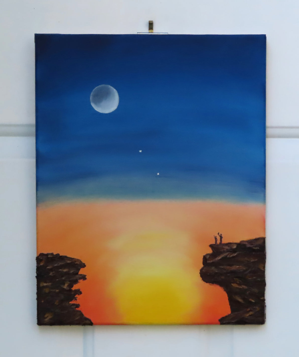 original oil painting on 11x14" canvas with lovely colors of dusk and rising moon, two observers on cliffs in foreground 