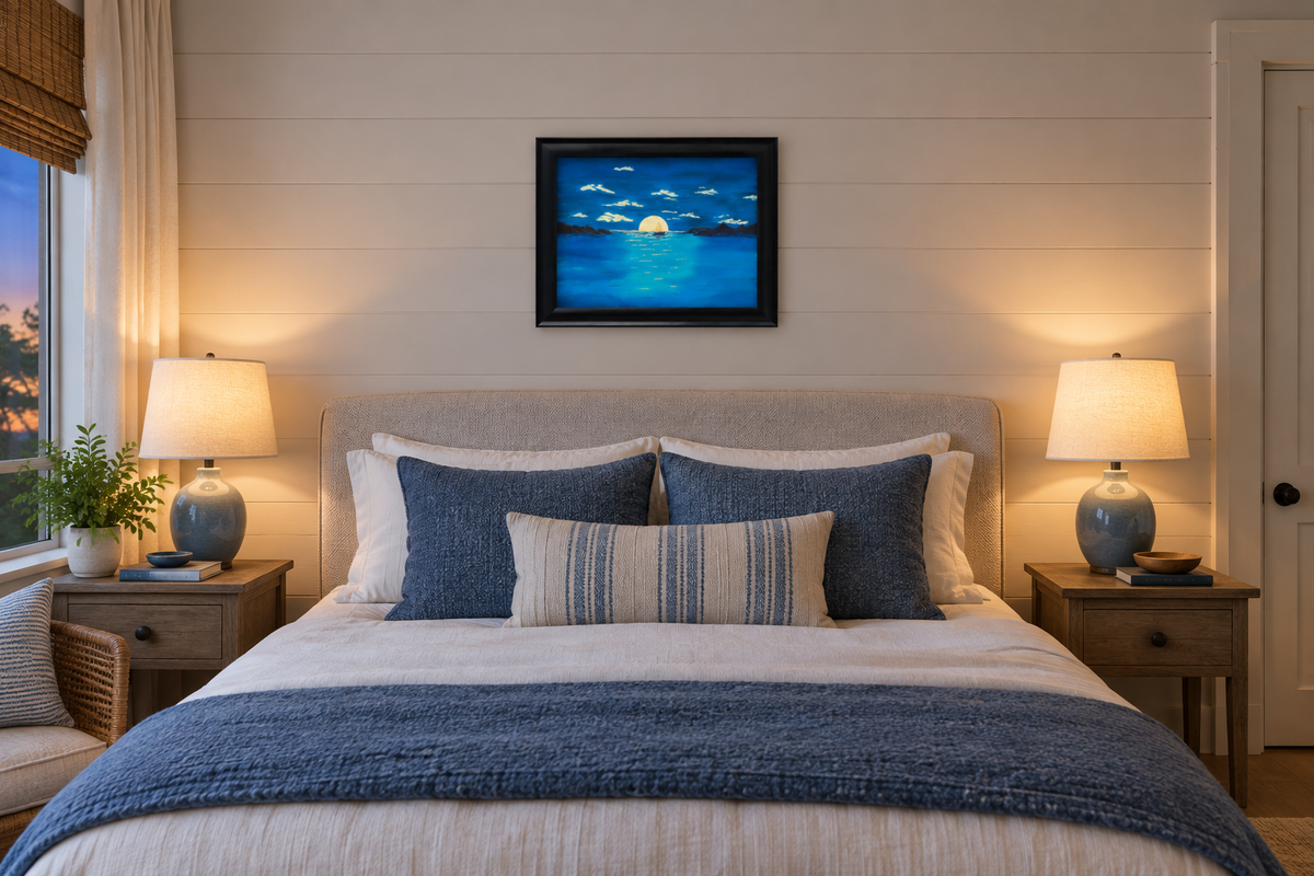 8x10" original acrylic painting, moonrise over ocean, moonlit clouds, saiboat, headlands, shown in a cottage bedroom