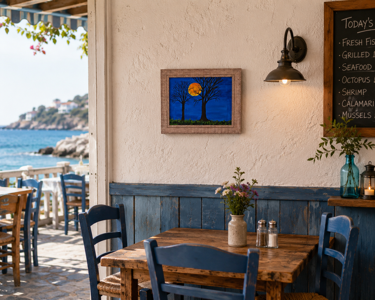 8x10" original acrylic painting, harvest moon, trees, framed, shown in a beachside cafe