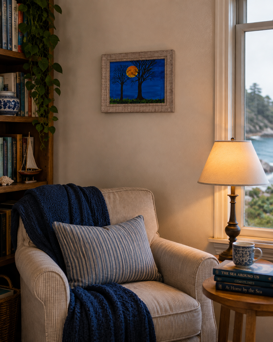 8x10" original acrylic painting, harvest moon, trees, framed, shown in a reading nook