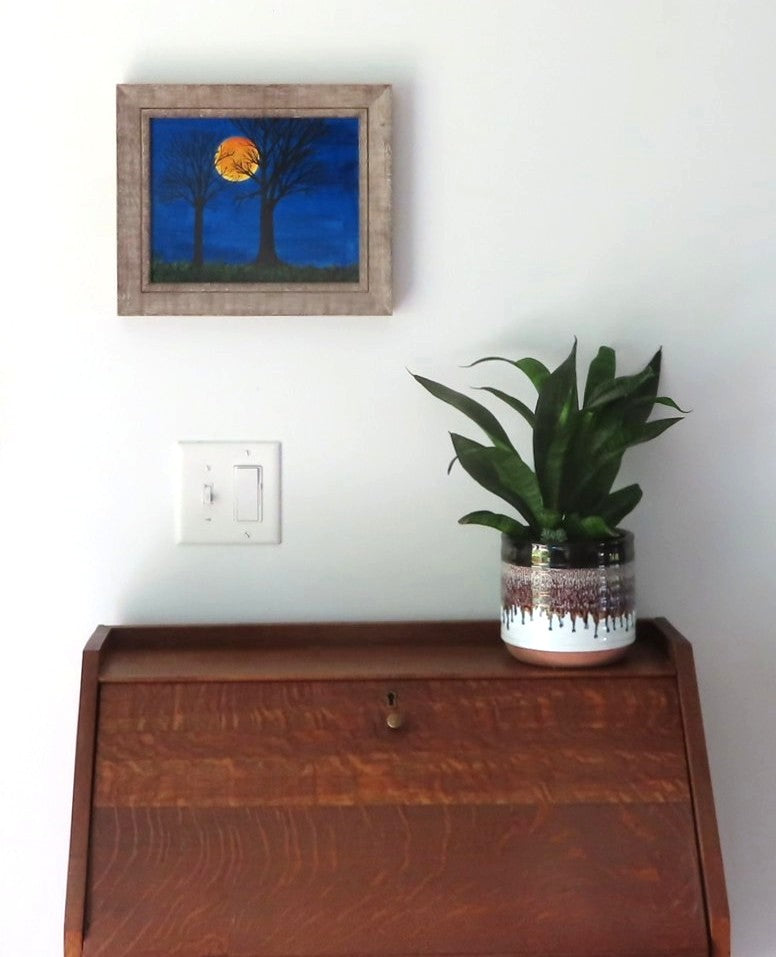 8x10" original acrylic painting, harvest moon, trees, framed, shown over a secretary desk