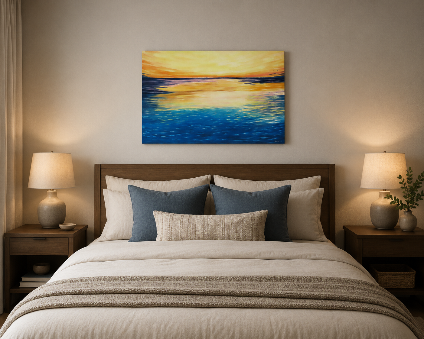 an original oil painting of a lovely sunrise over the ocean, unframed, displayed over bed