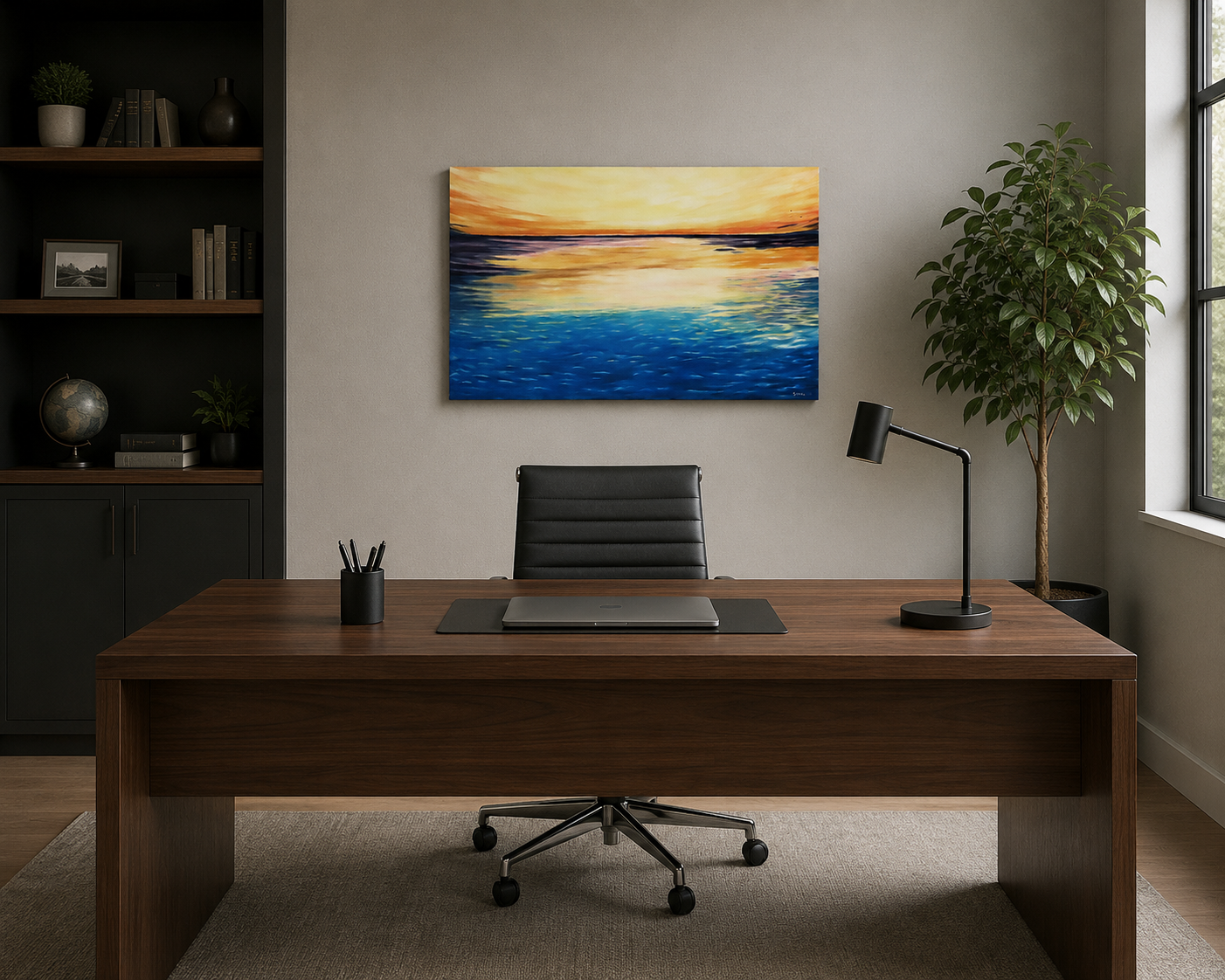 an original oil painting of a lovely sunrise over the ocean, unframed, displayed behind desk