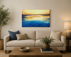 an original oil painting of a lovely sunrise over the ocean, unframed, displayed over sofa