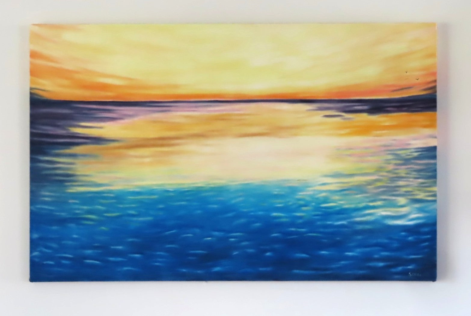 an original oil painting of a lovely sunrise over the ocean, unframed