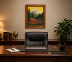 original oil painting of Mt Rainier with evergreen trees, wildflowers and meadows in foreground, displayed behind office desk.