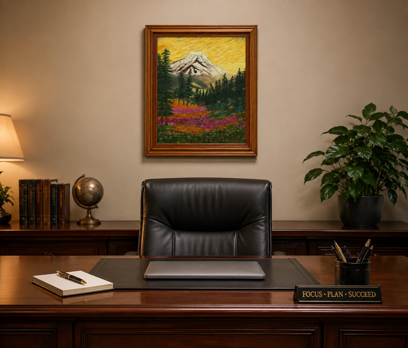 original oil painting of Mt Rainier with evergreen trees, wildflowers and meadows in foreground, displayed behind office desk.