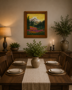 original oil painting of Mt Rainier with evergreen trees, wildflowers and meadows in foreground, displayed in dining room