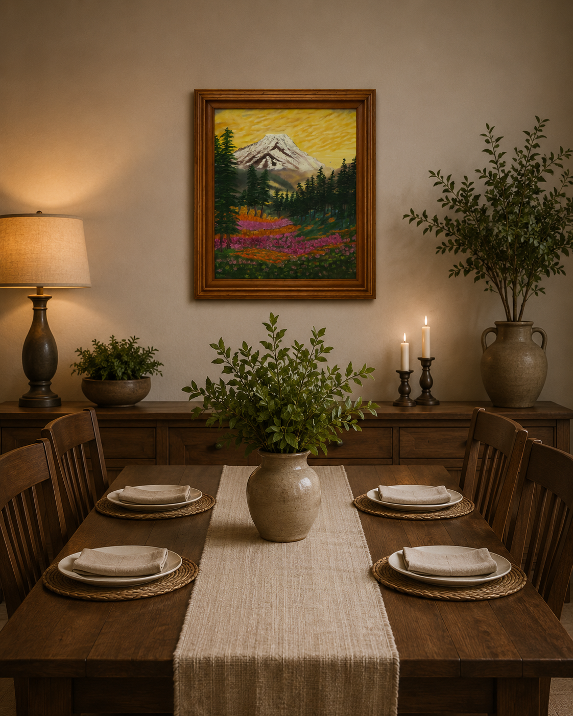 original oil painting of Mt Rainier with evergreen trees, wildflowers and meadows in foreground, displayed in dining room