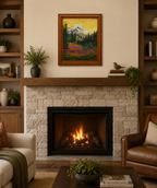 original oil painting of Mt Rainier with evergreen trees, wildflowers and meadows in foreground, displayed over fireplace