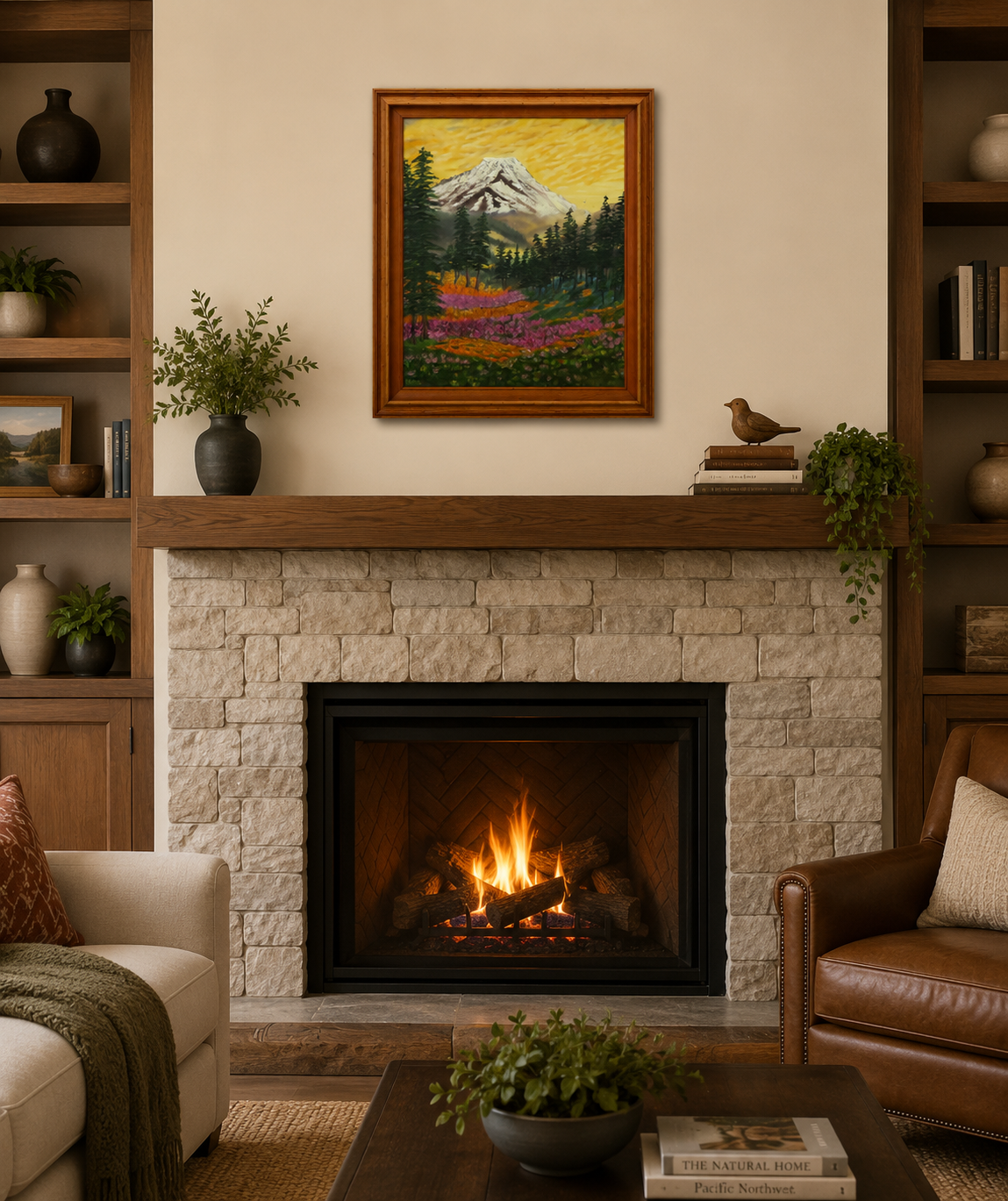 original oil painting of Mt Rainier with evergreen trees, wildflowers and meadows in foreground, displayed over fireplace