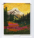 original oil painting of Mt Rainier with evergreen trees, wildflowers and meadows in foreground. unframed