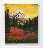 original oil painting of Mt Rainier with evergreen trees, wildflowers and meadows in foreground. unframed