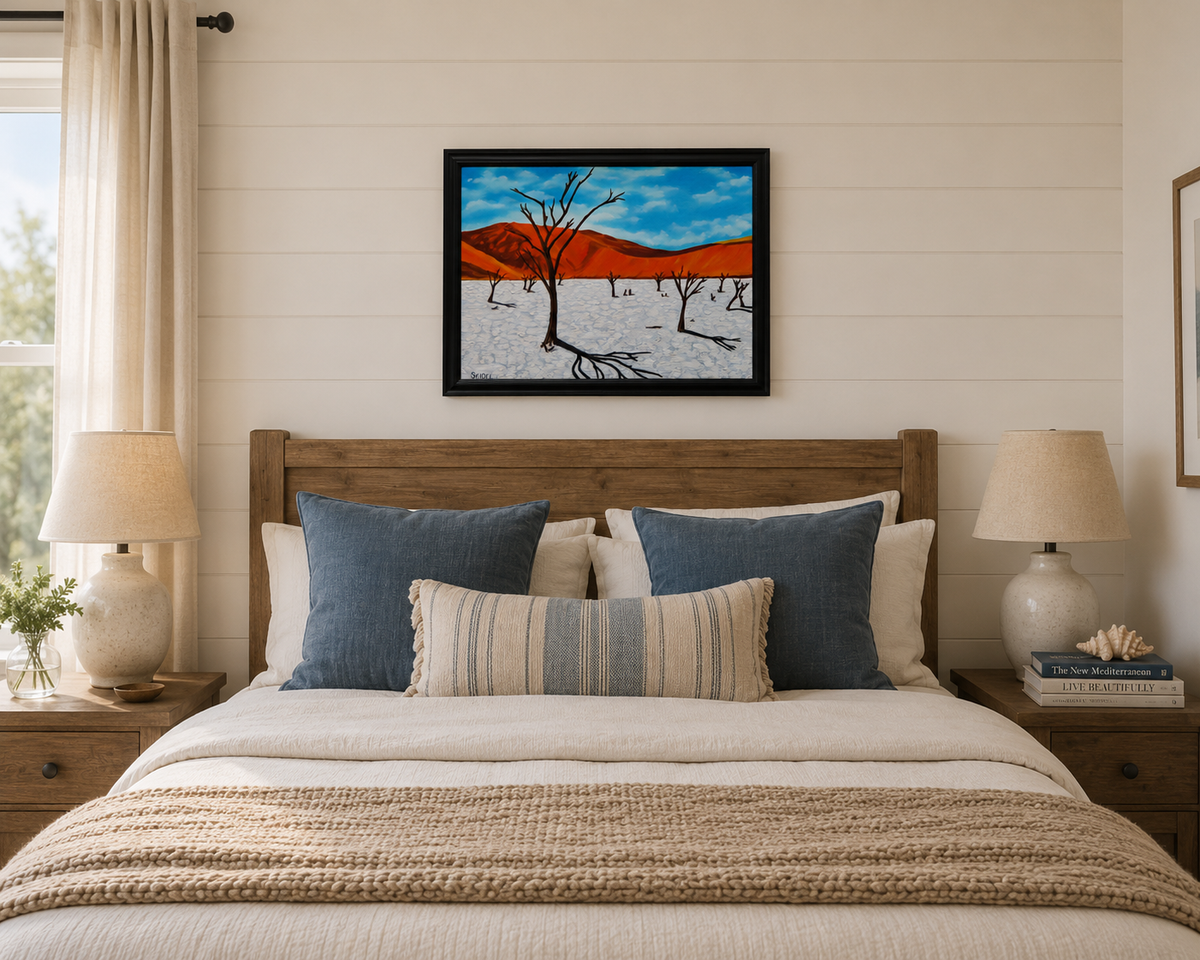 16x20 original oil painting, bright colors, red mountains, white salt flats, blue skies, pictured over bed