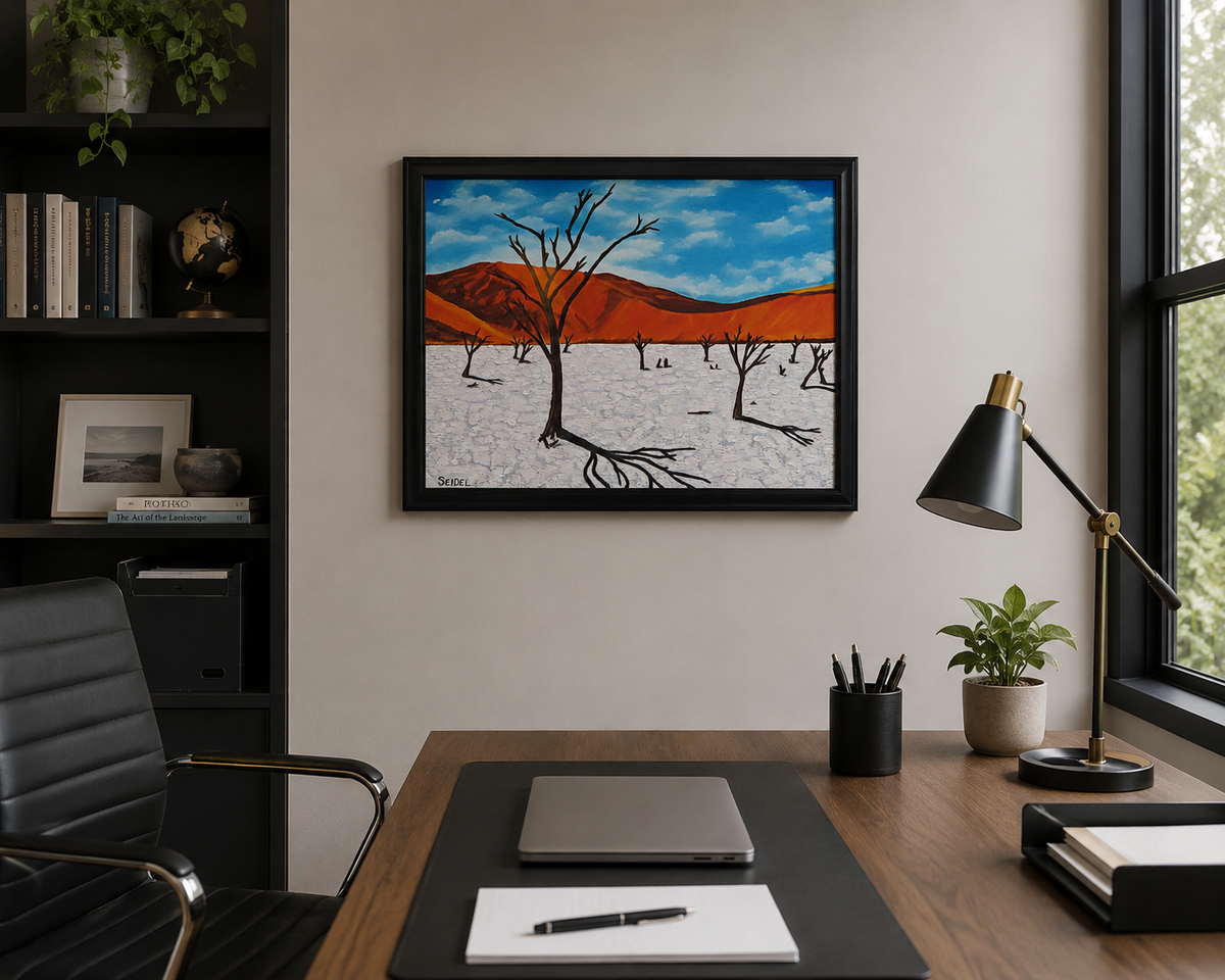 16x20 original oil painting, bright colors, red mountains, white salt flats, blue skies, framed, pictured in an office