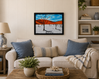16x20 original oil painting, bright colors, red mountains, white salt flats, blue skies, pictured over sofa