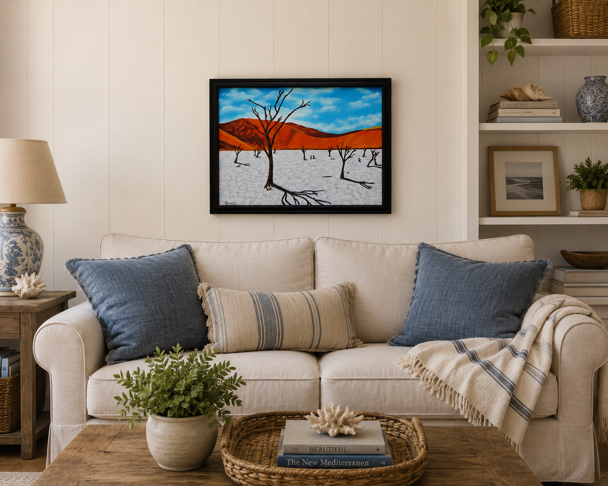 16x20 original oil painting, bright colors, red mountains, white salt flats, blue skies, pictured over sofa