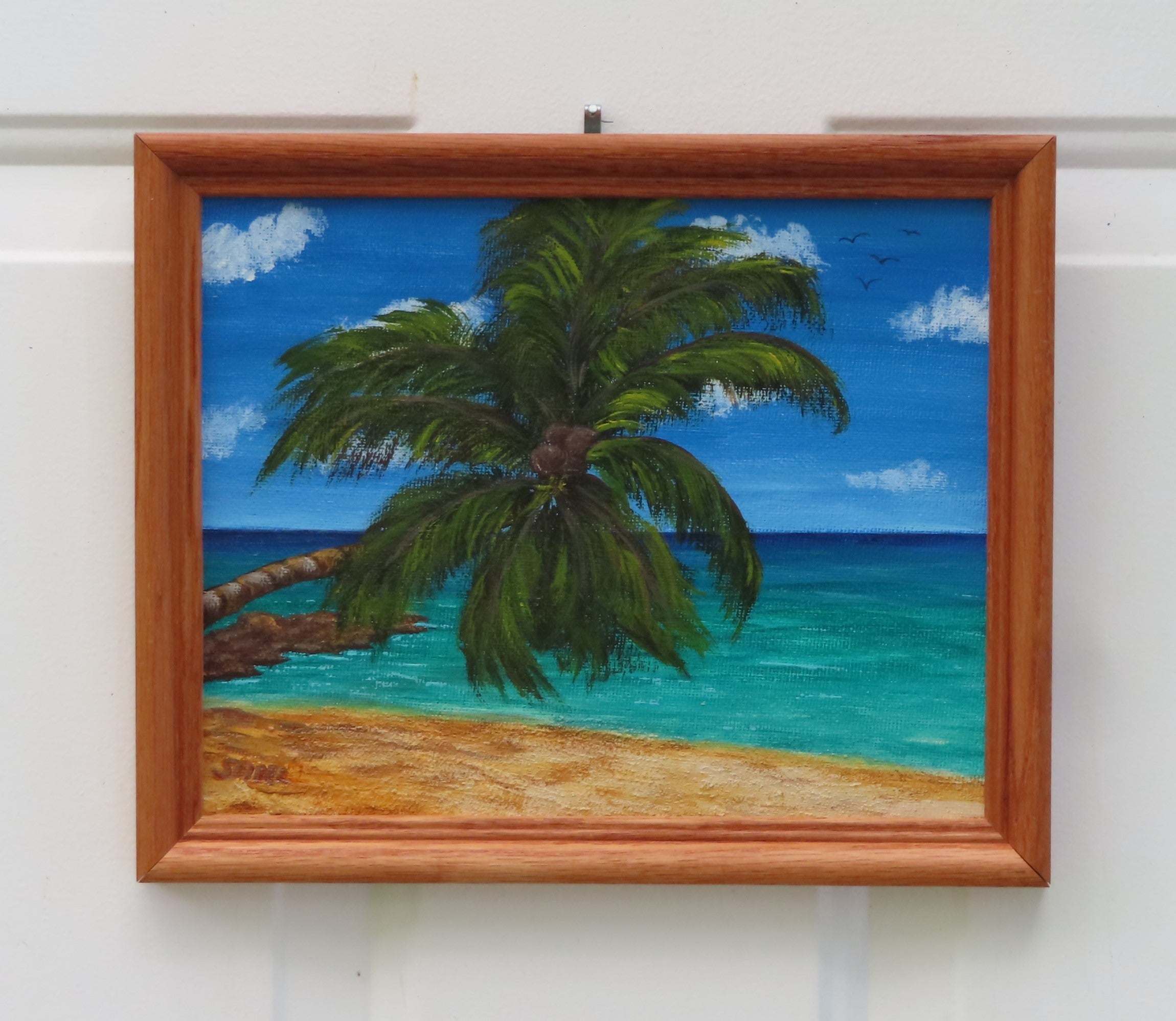 8x10" original acrylic/mixed media painting,  ocean, sand beach, palm tree, framed in oak" 