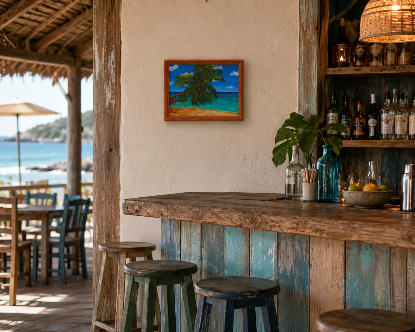 original 8x10" acrylic/mixed media painting,  ocean, sand beach, palm tree, framed in oak, shown in a beach bar