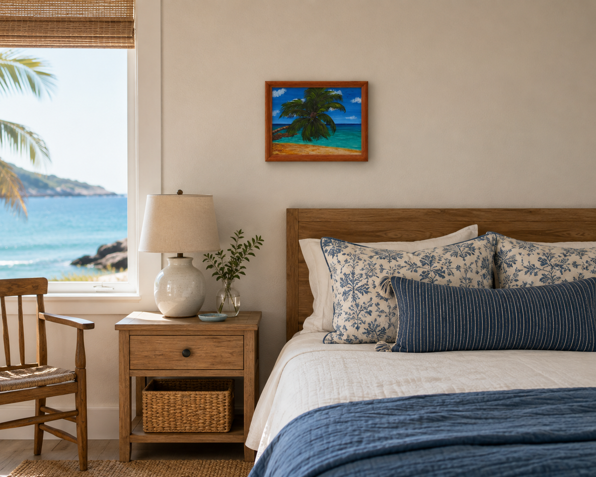 original 8x10" acrylic/mixed media painting,  ocean, sand beach, palm tree, framed in oak, show in a seaside bedroom