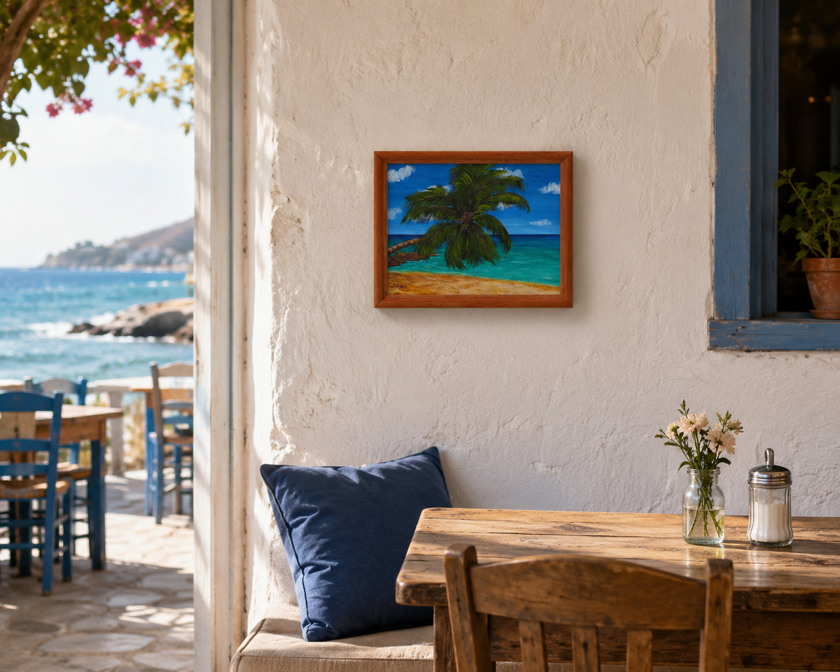 original 8x10" acrylic/mixed media painting,  ocean, sand beach, palm tree, framed in oak, show in a beachside cafe